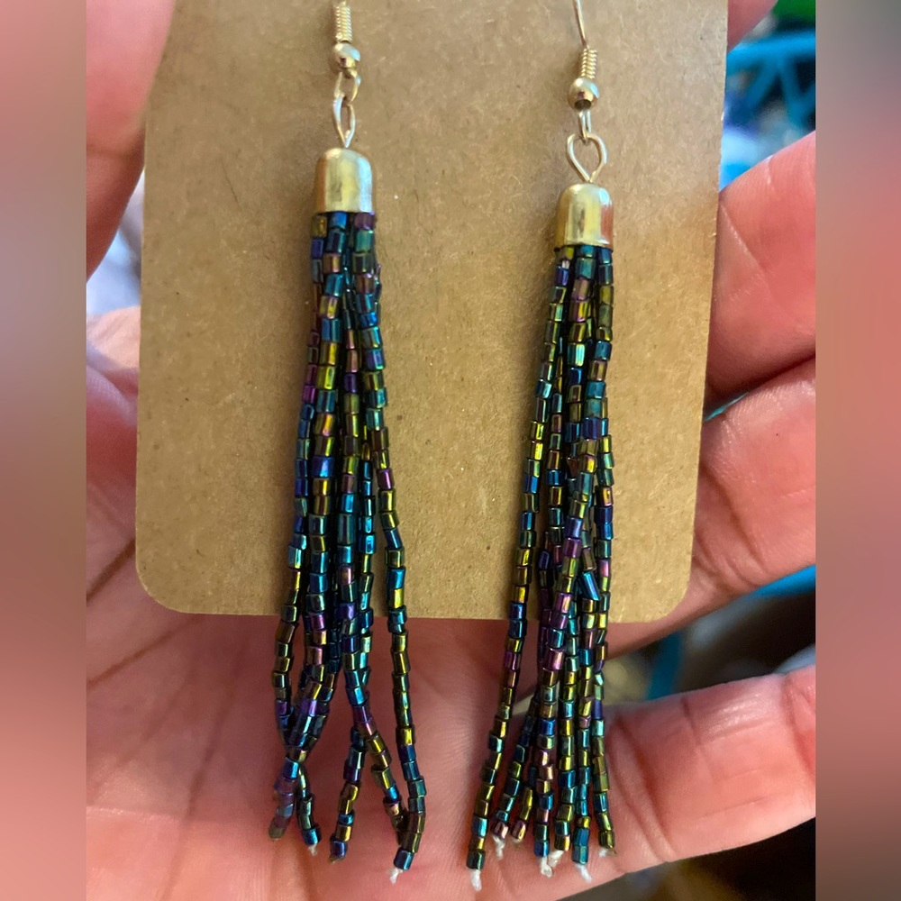 Peacock blue/black beaded earrings